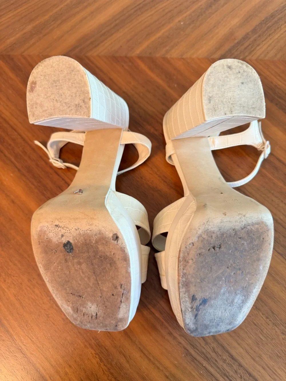 Arezzo Croc Embossed Platform Block Heel Sandals Nude US 9